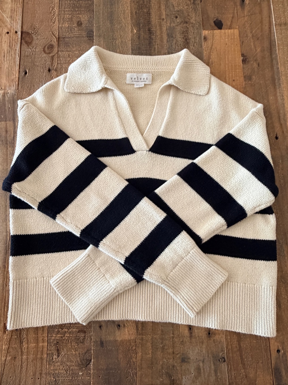 Velvet By Graham And Spencer Lucie Polo Sweater Striped Cotton & Cashmere Blend